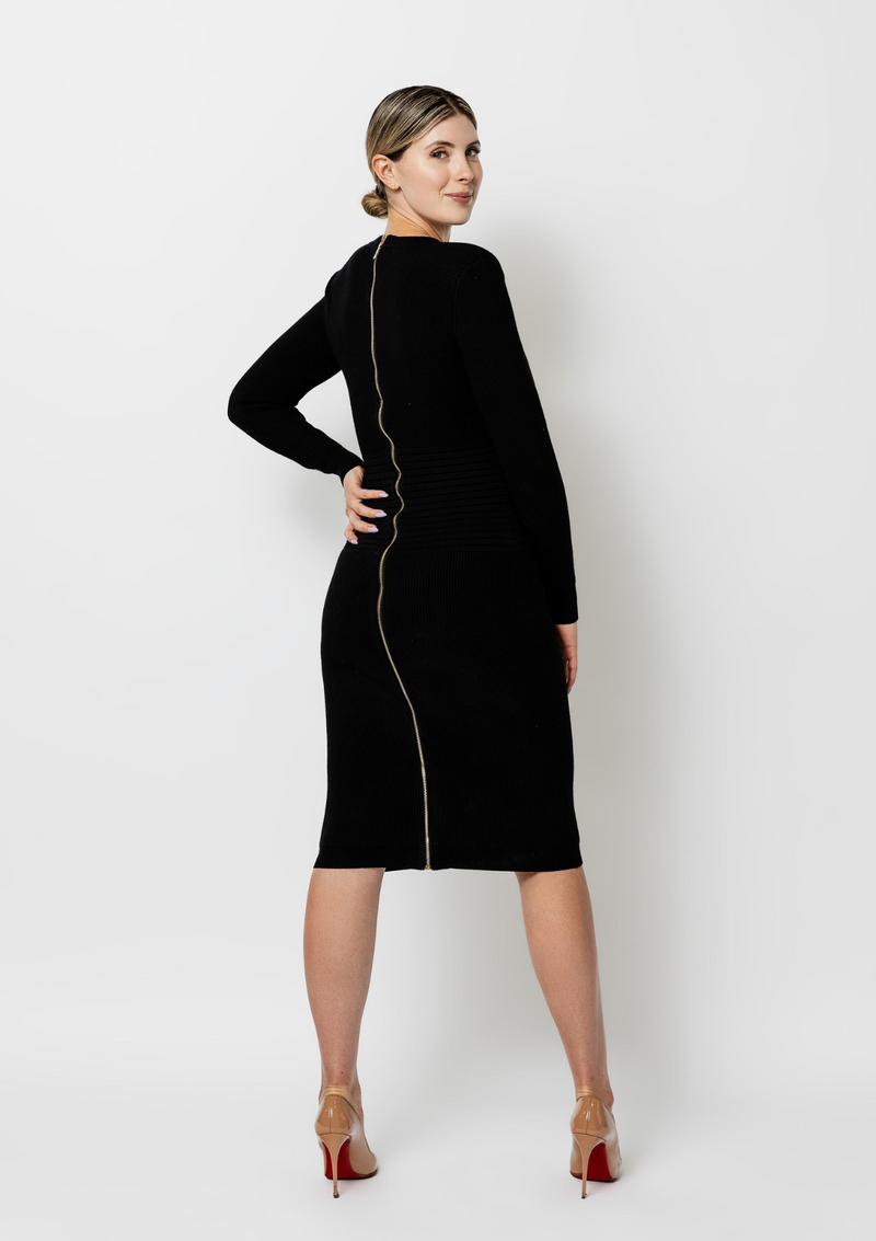 Veronica-Long-Sleeve-Knit-Dress-In-Black-Gold-Buttons-Luxury-Womens-Fashion-Bodycon-Designer|Vanity-Couture-Boutqiue