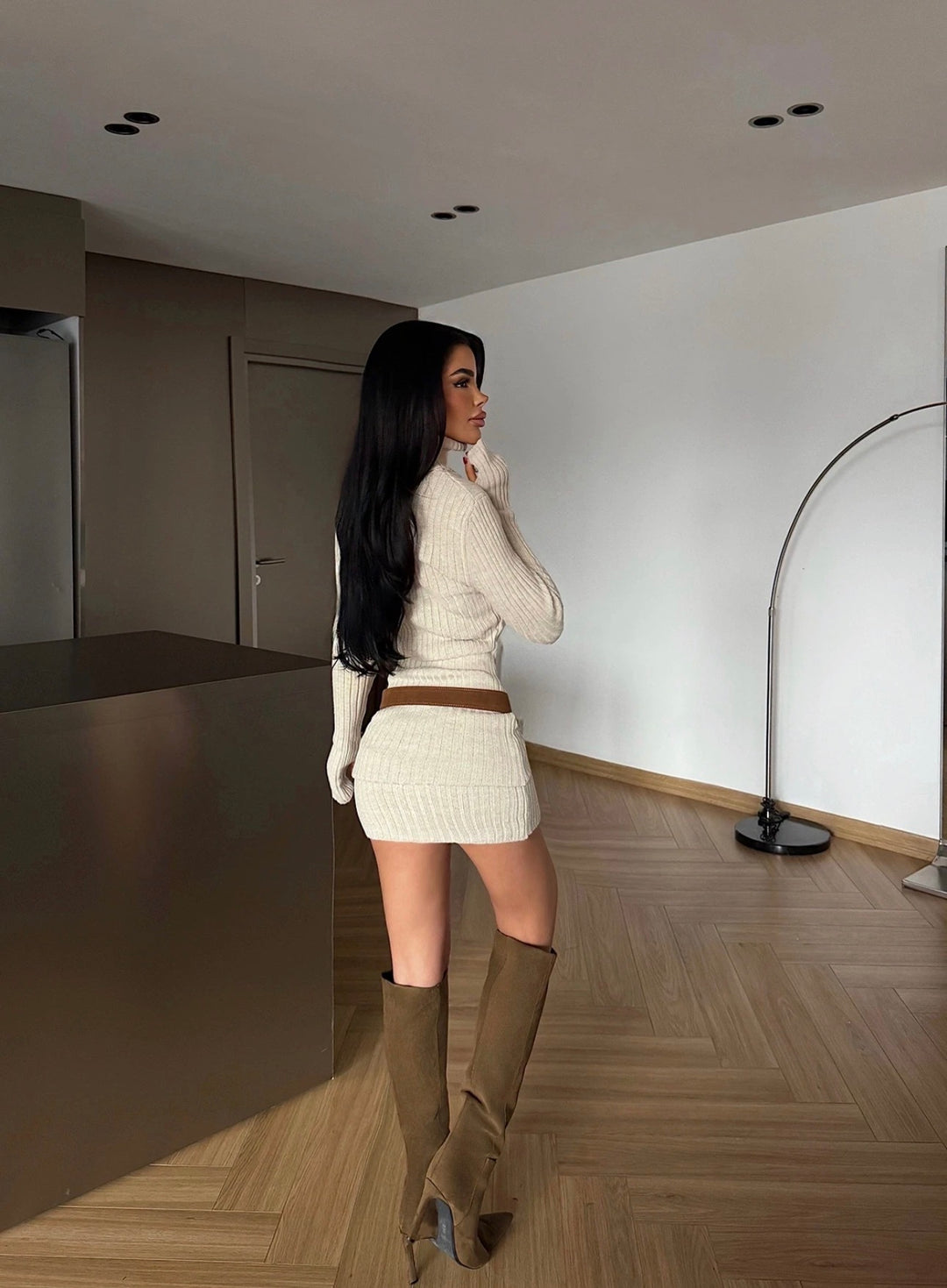 Lorie High Neck Long Sleeve Knit Mini Dress