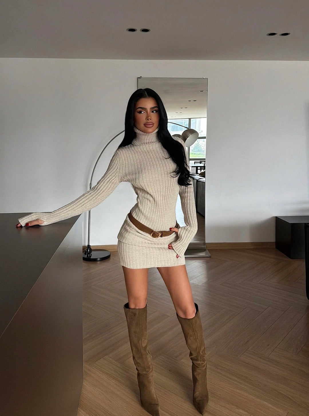 Lorie High Neck Long Sleeve Knit Mini Dress