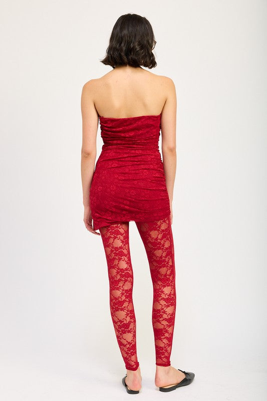 red lace dress with tights RUCHED MINI DRESS WITH LACE LEGGINGS