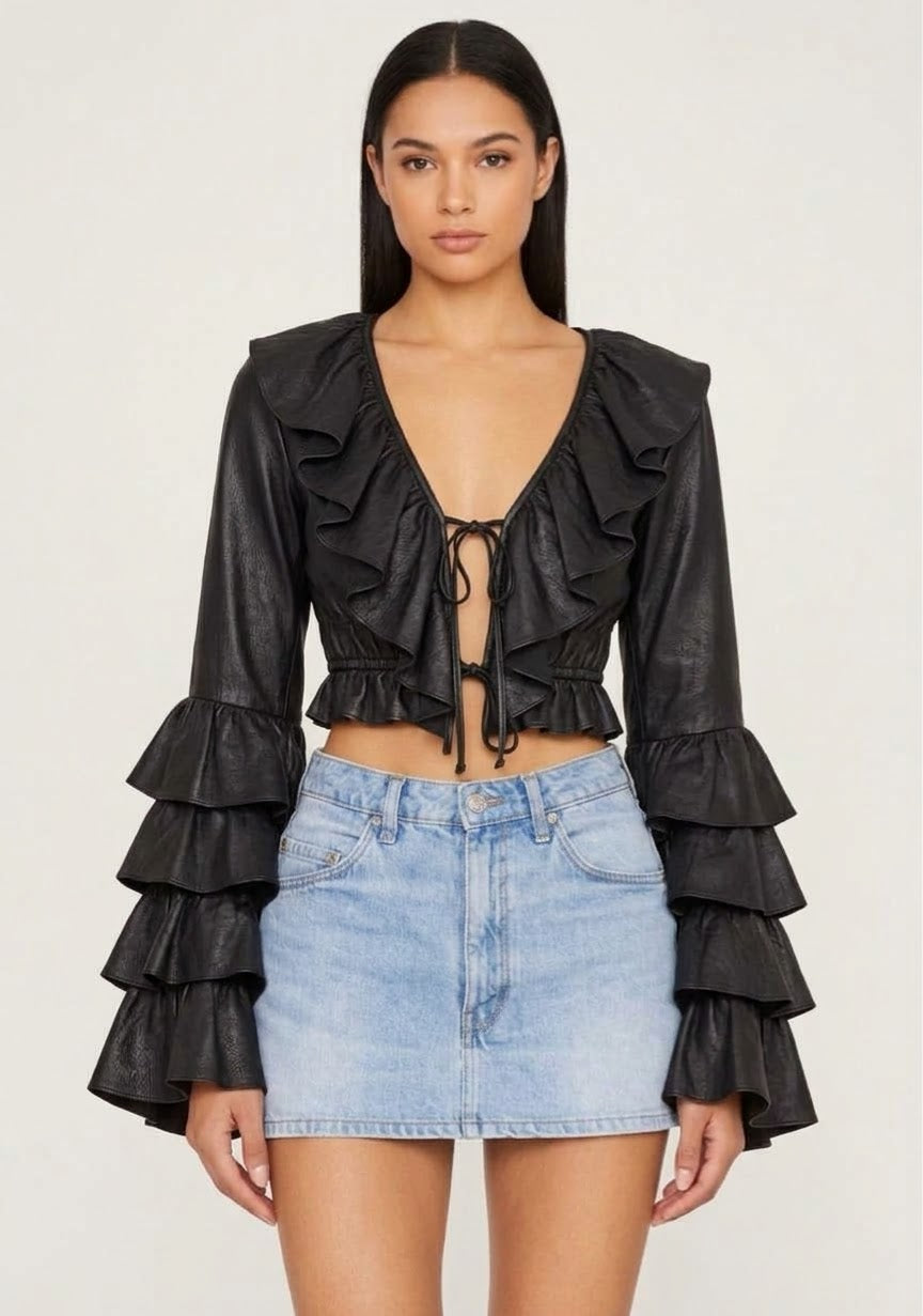 Midnight Silk Ruffle Open-Back Top