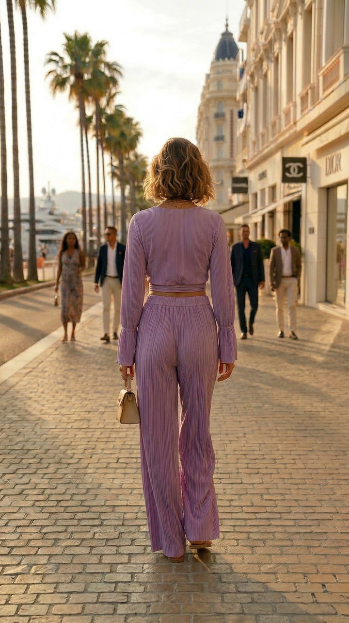 Taylor Plisse Twist Plunge Blouse And Wide Leg Pant Set