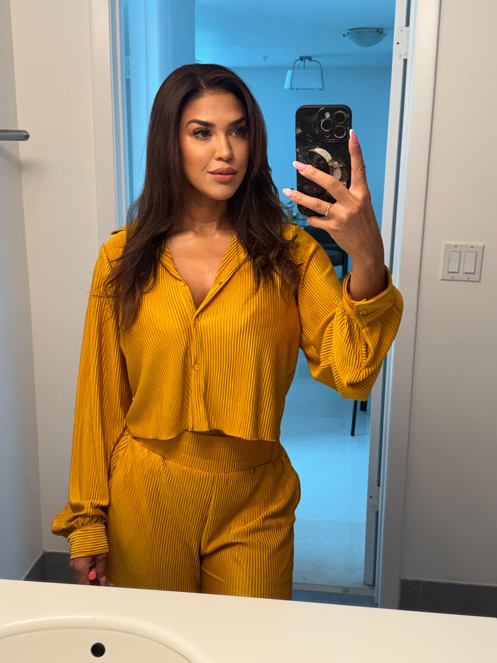 Marissa Plissé Long Sleeve Blouse And Wide Leg Pant Set