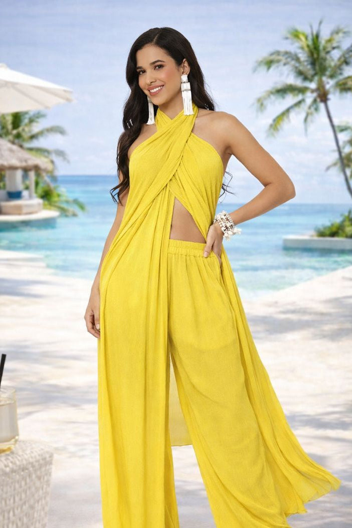 Jasmine Flowy Criss Cross Halter And Pant Set | Vanity Couture