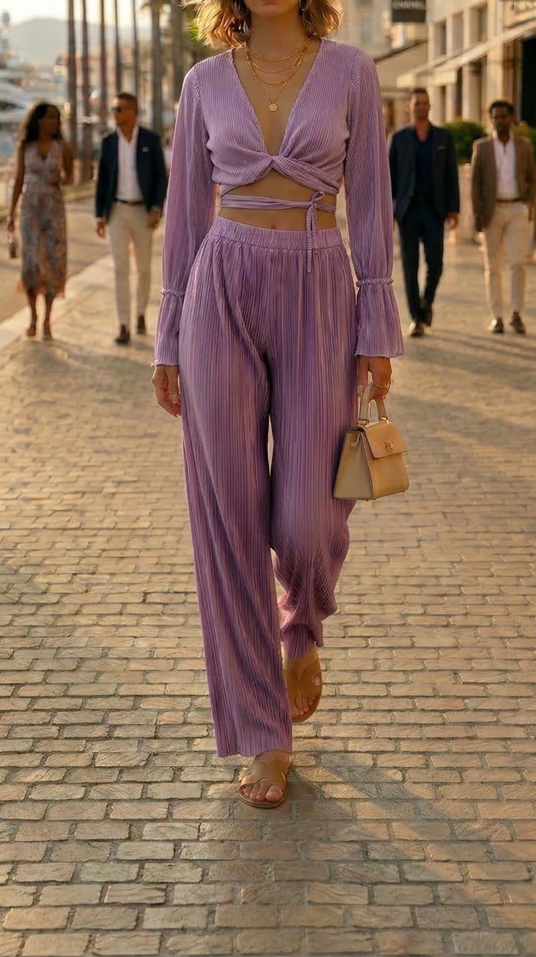 Taylor Plisse Twist Plunge Blouse And Wide Leg Pant Set