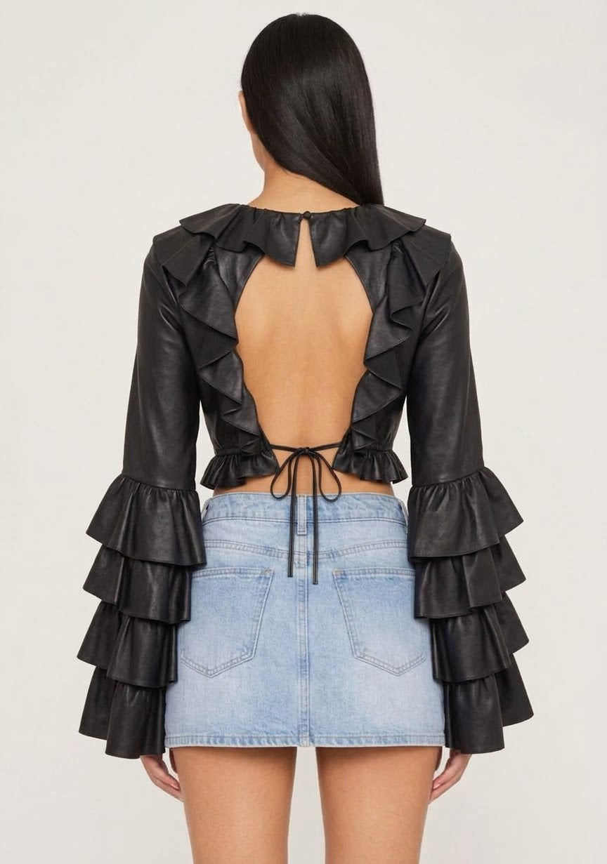 Midnight Silk Ruffle Open-Back Top