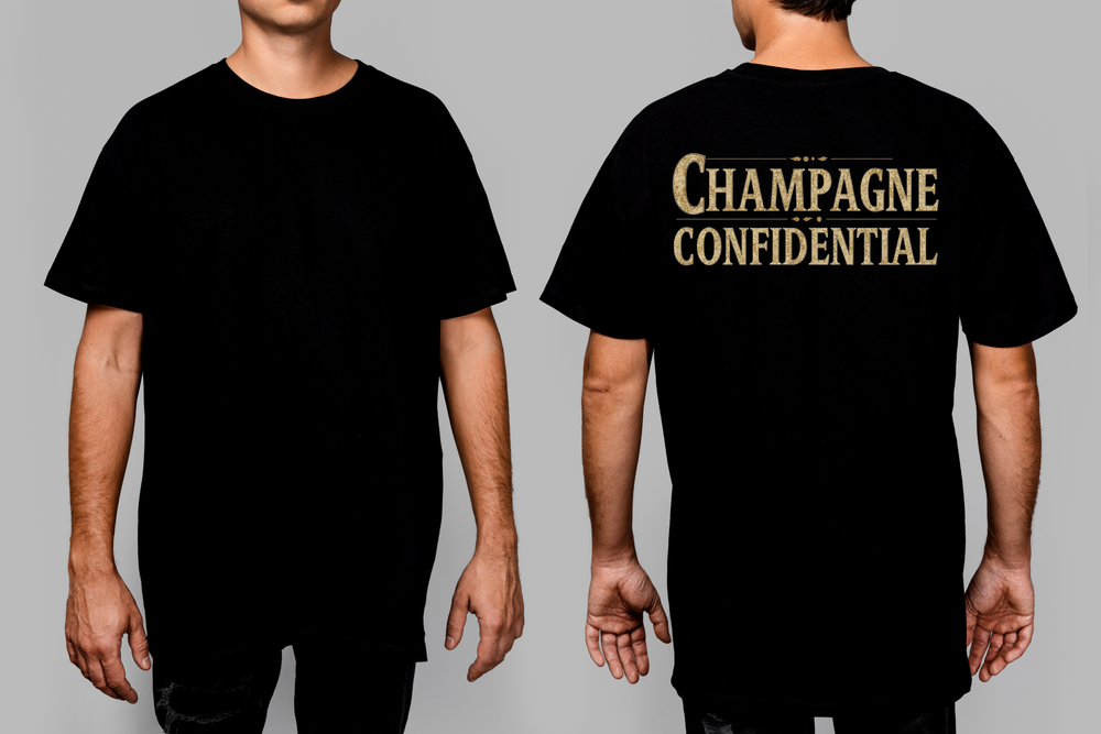Champagne Confidential oversized heavyweight tee, designed by Vanity Couture