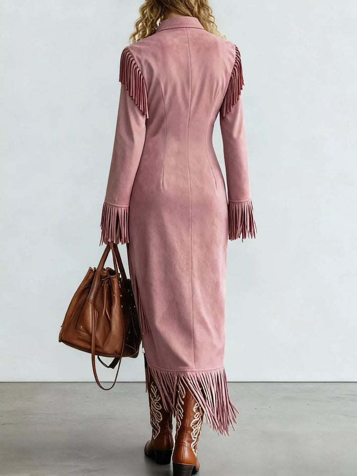 Lucille Blouse Fringed Suede Slit Maxi Dress Back|Vanity Couture