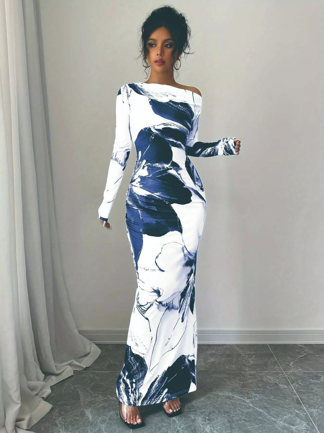 one shoulder floral maxi dress Floral One Shoulder Long Sleeve Maxi Dress