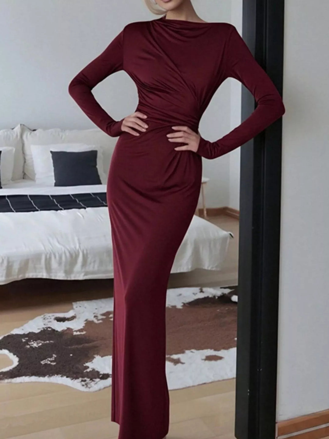 long sleeve ruched maxi dress Ruched Long Sleeve Bodycon Maxi Dress