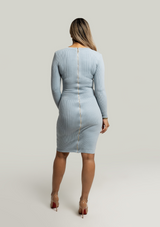 Veronica-Long-Sleeve-Knit-Dress-In-Baby-Blue-Gold-Buttons-Luxury-Womens-Fashion-Bodycon-Designer|Vanity-Couture-Boutqiue