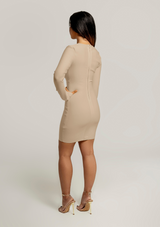 Mariah-Deep-V-Chain-Long-Sleeve-Dress-Nude-Beige-Tan-Womens-Fashion-Sexy-Chic-Body-Contouring-Slimming-Midi|Vanity-Couture-Boutique