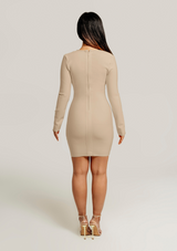 Mariah-Deep-V-Chain-Long-Sleeve-Dress-Nude-Beige-Tan-Womens-Fashion-Sexy-Chic-Body-Contouring-Slimming-Midi|Vanity-Couture-Boutique