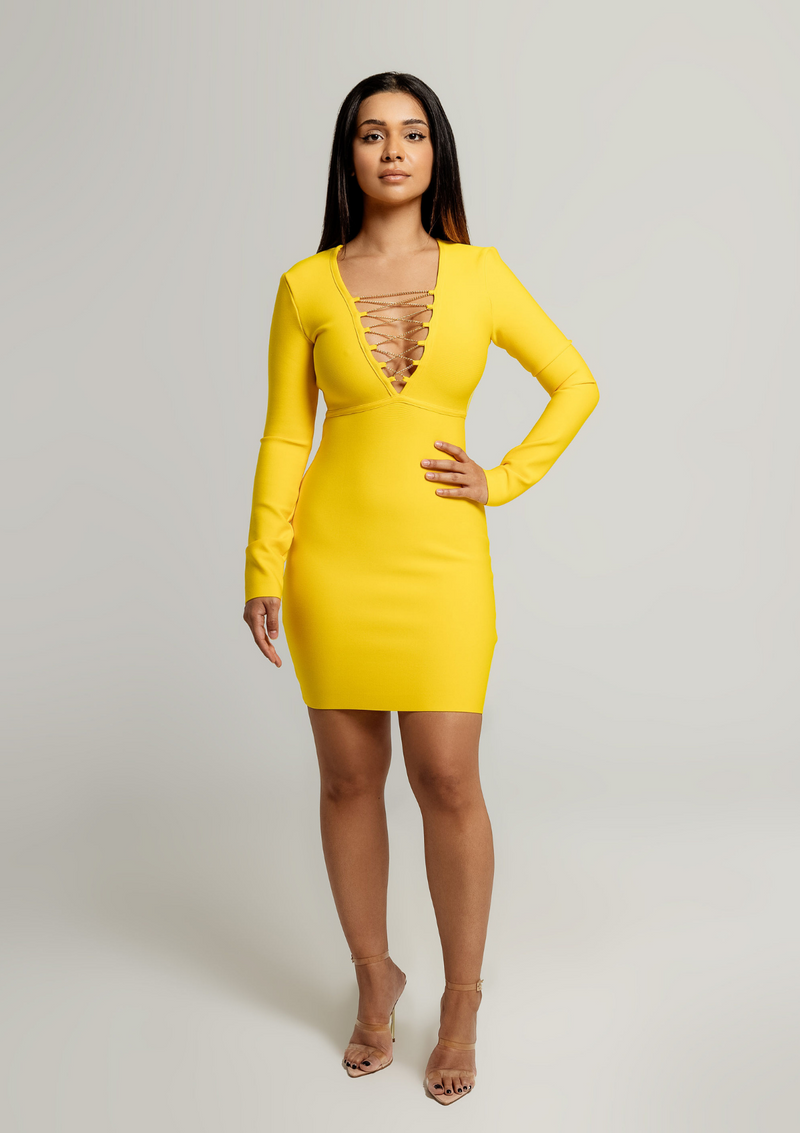 Mariah-Deep-V-Chain-Long-Sleeve-Dress-Yellow-Womens-Fashion-Sexy-Chic|Vanity-Couture-Boutique
