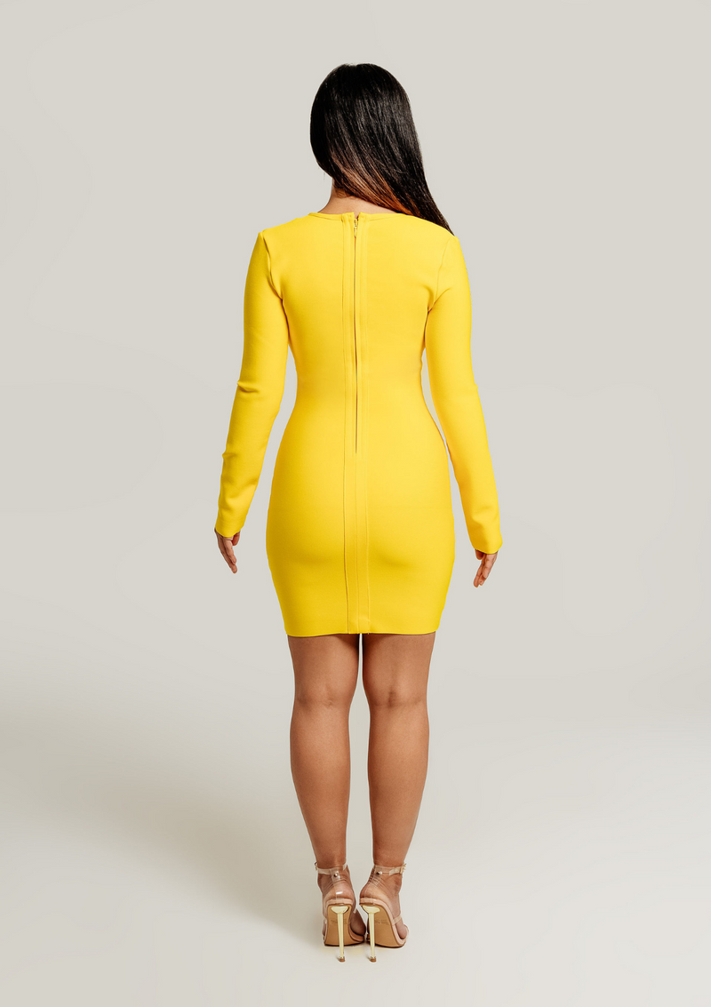 Mariah-Deep-V-Chain-Long-Sleeve-Dress-Yellow-Womens-Fashion-Sexy-Chic|Vanity-Couture-Boutique