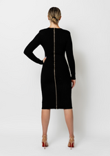 Veronica-Long-Sleeve-Knit-Dress-In-Black-Gold-Buttons-Luxury-Womens-Fashion-Bodycon-Designer|Vanity-Couture-Boutqiue