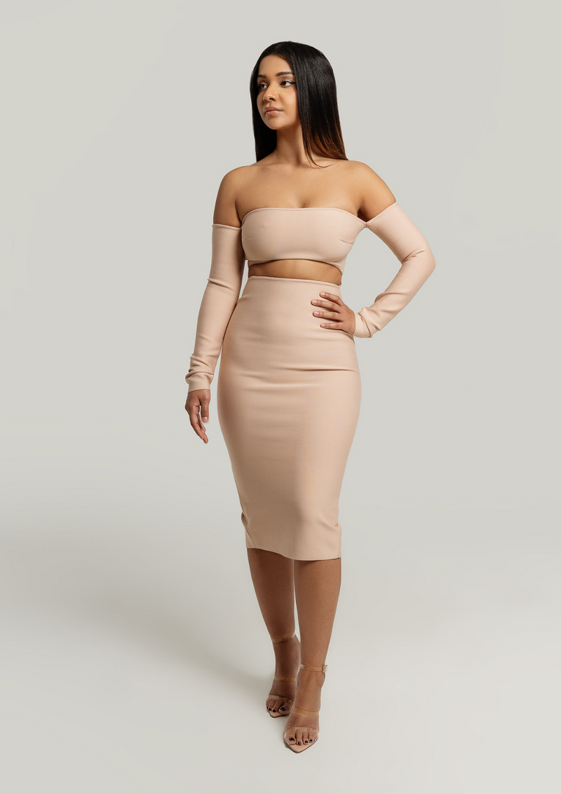 Bella-Off-The-Shoulder-Long-Sleeve-Dress-Nude-Strapless-Bandage-Sexy-Womens-Fashion|Vanity-Couture-Boutique