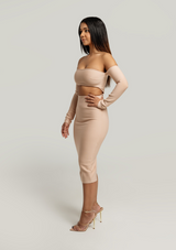 Bella-Off-The-Shoulder-Long-Sleeve-Dress-Nude-Strapless-Bandage-Sexy-Womens-Fashion|Vanity-Couture-Boutique