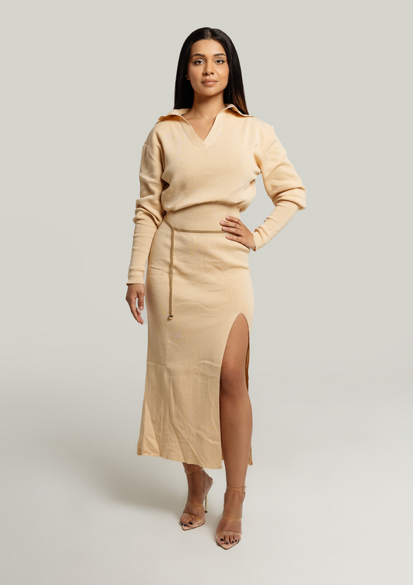 Anya-Long-Sleeve-Knit-Dress-Slit-Nude-Sweater-Dress-Womens-Fashion|Vanity-Couture-Boutique