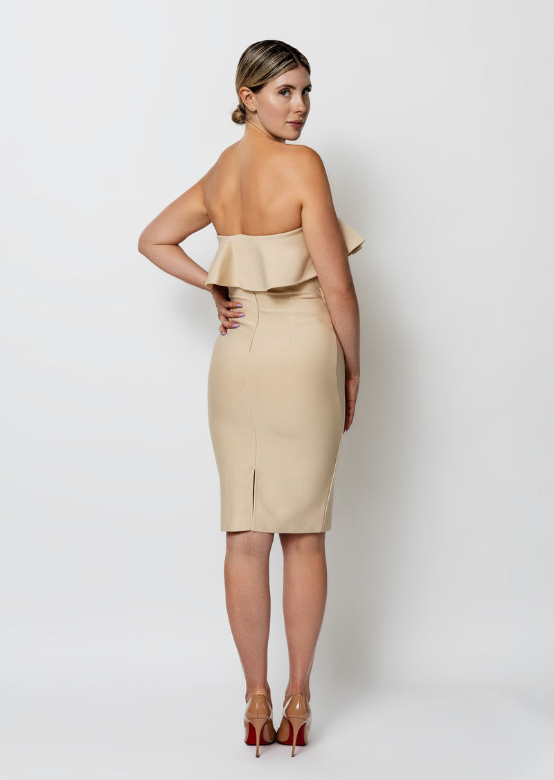 Lola-Ruffle-Strapless-Bandage-Bodycon-Dress-Nude-Beige-Sexy-Womens-Cocktail-Dress-Fashion-Classy-Trending|Vanity-Couture-Boutique